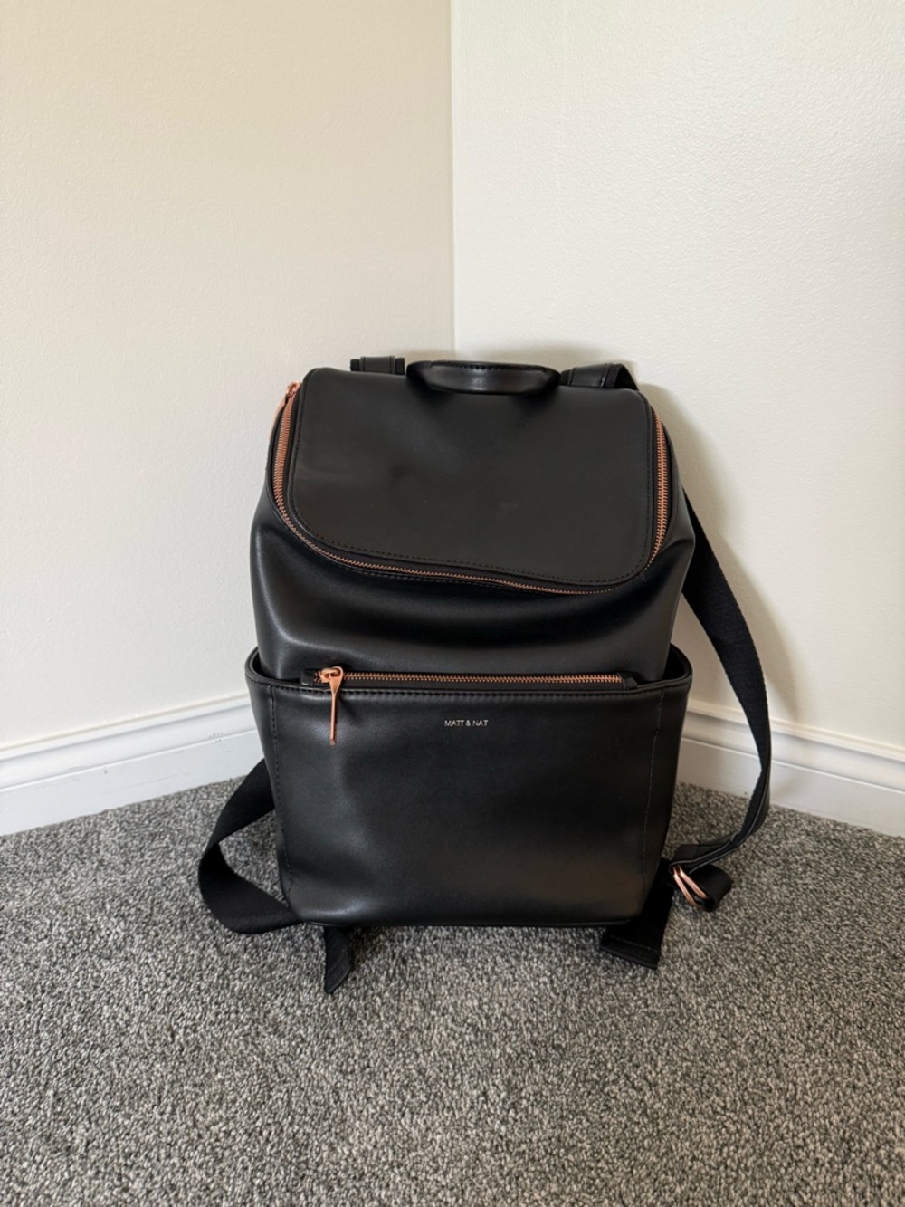 Matt & Nat Black Backpack with Rose Gold Zippers